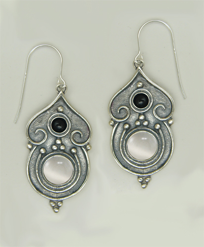 Sterling Silver Gothic Inspired Drop Dangle Earrings With White Moonstone And Black Onyx